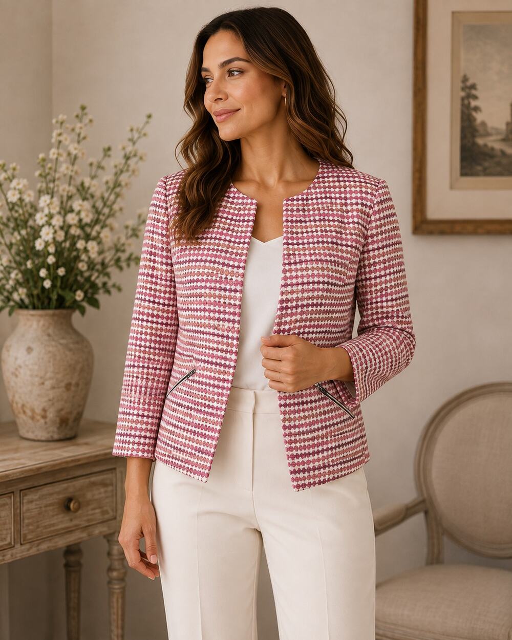 Halogen Blazer Womens M Pink White Textured Open Front Career Jacket Chic Office